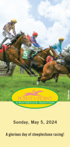 2024 Point-to-Point Official Race Program showing brightly uniformed jockeys jumping horses over a hurdle